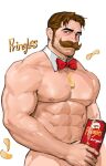  1boy abs bara between_pectorals blush bow bowtie brown_hair chips_(food) completely_nude covering_crotch covering_privates detached_collar dopey_(dopq) food food_on_body food_on_pectorals highres julius_pringles large_pectorals long_sideburns looking_at_viewer male_focus mature_male muscular muscular_male nipples nude old old_man pectorals potato_chips pringles pringles_can red_bow red_bowtie short_hair sideburns sideburns_stubble sideways_glance solo strongman_waist thick_eyebrows thick_mustache wrinkled_skin 