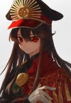 1girl absurdres beam107 black_hair cape chain family_crest fate/grand_order fate_(series) gloves hair_between_eyes hat highres long_hair long_sleeves looking_at_viewer medallion military_hat oda_nobunaga_(fate) oda_uri portrait red_cape red_eyes sidelocks simple_background solo white_background 