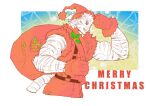 1boy absurdres alternate_costume animal_ears arknights artist_request bara belt biceps christmas cropped_legs from_side fur_trim furry furry_male gloves hat highres holding holding_sack looking_ahead male_focus merry_christmas mountain_(arknights) muscular muscular_male pectorals red_gloves sack santa_costume santa_hat scar scar_across_eye scar_on_face short_hair sleeveless sleeveless_jacket solo thick_eyebrows tiger_boy tiger_ears white_fur white_hair 
