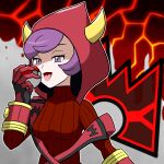  1girl breasts courtney_(pokemon) cowlick dress fake_horns gloves half-closed_eyes highres holding holding_poke_ball hood hooded_vest hoodie horned_headwear horned_hood horns long_sleeves medium_breasts poke_ball poke_ball_(basic) pokemon pokemon_oras purple_eyes purple_hair red_dress red_gloves ribbed_dress shaded_face short_dress solo swept_bangs team_magma team_magma_uniform tongue tongue_out turtleneck_dress vest ya_mari_mo_3 