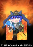  1girl absurdres ahoge animal_ears aonoji axe backdraft blue_eyes blue_hair brown_footwear doll ears_through_headwear facing_viewer fire firefighter firefighter_jacket helmet heterochromia highres holding holding_axe holding_doll horse_ears horse_girl jacket long_hair messy_hair purple_eyes running sidelocks solo twin_turbo_(umamusume) twintails umamusume 