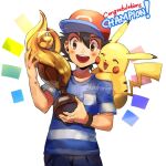  1boy :d artist_name ash_ketchum bangs baseball_cap black_hair blush bracelet brown_eyes commentary congratulations fingernails gen_1_pokemon glint hair_between_eyes hat holding jewelry kash-phia male_focus on_shoulder open_mouth pikachu pokemon pokemon_(anime) pokemon_(creature) pokemon_on_shoulder pokemon_sm_(anime) red_headwear shirt short_sleeves smile striped striped_shirt t-shirt trophy upper_teeth watermark 