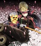  1girl belt black_hair cape crossed_legs family_crest fate/grand_order fate_(series) full_body hat highres holding holding_skull holding_sword holding_weapon katana long_sleeves lying medallion military_hat oda_nobunaga_(fate) oda_uri oku_hideki on_back parted_lips peaked_cap red_cape red_eyes skull solo sword weapon 