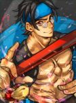  1boy abs black_hair blue_headband brown_eyes fingerless_gloves folded_fan folding_fan gloves guilty_gear guilty_gear_strive hand_fan headband highres holding holding_fan japanese_clothes kimono large_pectorals looking_at_viewer male_focus mito_anji multicolored_clothes multicolored_kimono muscular muscular_male pectorals pince-nez short_hair smile tassel upper_body yohane_shimizu 