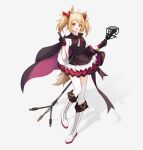  1girl 7fan :d absurdres ahoge animal_ears arknights black_cape black_dress black_gloves bow breasts cape dress frilled_dress frills full_body gloves hair_bow highres holding holding_microphone_stand kneehighs long_hair long_sleeves looking_at_viewer microphone_stand open_mouth pink_cape red_bow red_eyes revision shadow simple_background small_breasts smile socks solo sora_(arknights) standing tachi-e tail teeth thighhighs twintails two-sided_cape two-sided_fabric upper_teeth_only white_background white_footwear white_thighhighs wolf_ears wolf_girl wolf_tail 