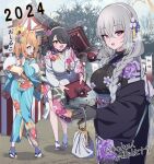  2024 3girls absurdres animal_ear_fluff animal_ears black_hair black_kimono blue_archive blue_eyes blue_kimono blush day floral_print flower grey_hair hair_between_eyes hair_flower hair_ornament hair_over_one_eye hairband halo highres hinata_(blue_archive) japanese_clothes kimono long_hair long_sleeves mari_(blue_archive) multiple_girls obi open_mouth orange_hair outdoors pink_flower pizzasi print_kimono purple_eyes red_eyes sakurako_(blue_archive) sash smile socks tabi white_hairband white_kimono white_socks wide_sleeves yellow_halo 