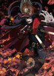  1girl blood blood_on_clothes blood_on_face blood_on_weapon blood_splatter cape family_crest fate/grand_order fate_(series) fire gloves hat highres holding holding_sword holding_weapon katana looking_to_the_side medallion military_hat oda_nobunaga_(fate) oda_uri open_mouth peaked_cap red_cape red_eyes solo standing sword thriller_romero weapon 