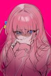  1girl blue_eyes bocchi_the_rock! covering_mouth dasui191023 gotoh_hitori hair_between_eyes hair_ornament hand_over_own_mouth highres jacket jumpsuit long_hair pink_background pink_hair pink_jacket pink_jumpsuit portrait simple_background sketch sweat upper_body worried 
