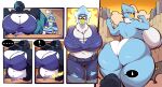 anthro avian beak big_breasts big_butt biped bird blue_body breasts butt cleavage clothed clothing comic ellipsis female gin-blade hi_res huge_breasts huge_butt larger_female looking_back navel side_boob size_difference thick_thighs torn_clothing