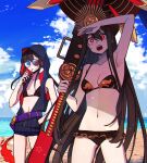  2girls armpits beach belt bikini black_bikini blue_sky cloud collarbone day family_crest fate/grand_order fate_(series) fiery_hair genderswap genderswap_(mtf) guitar hair_between_eyes hat instrument long_hair looking_afar looking_ahead midriff military_hat multiple_girls navel oda_nobukatsu_(fate) oda_nobunaga_(fate) oda_nobunaga_(swimsuit_berserker)_(fate) oda_uri outdoors peaked_cap sempon_(doppio_note) siblings sidelocks sisters sky sleeveless swimsuit 