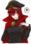  1girl alternate_costume cape family_crest fate/grand_order fate_(series) gloves hand_on_own_chest hat highres long_sleeves looking_at_viewer military_hat nakazaki_nozomu oda_nobunaga_(fate) oda_nobunaga_(maou_avenger)_(fate) oda_uri parted_lips peaked_cap red_cape red_eyes red_hair simple_background solo squiggle white_background white_gloves 