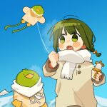  1girl bird blush_stickers coat coat_dress duck fuu_(ozu_(oz_yarimasu)) green_eyes green_hair grey_coat guu_(ozu_(oz_yarimasu)) hair_bobbles hair_ornament highres kite long_sleeves open_mouth original outdoors ozu_(oz_yarimasu) scarf short_hair white_scarf 