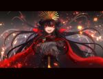  1girl cape cloak family_crest fate/grand_order fate_(series) gloves hat holding holding_sword holding_weapon long_hair long_sleeves looking_at_viewer military_hat oda_nobunaga_(fate) oda_nobunaga_(koha-ace) oda_uri open_mouth planted planted_sword red_cape red_eyes solo sword teeth upper_body upper_teeth_only weapon yat573 