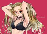  1girl arms_up black_bra black_choker blonde_hair blue_eyes blush bra breasts choker commentary_request dekomegane glasses hands_in_own_hair long_hair looking_at_viewer medium_breasts original parted_lips red-framed_eyewear red_background sasetsu simple_background solo thick_eyebrows underwear upper_body 