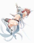  1girl abs absurdres allen.n arknights blue_eyes bra breasts brown_hair detached_sleeves dual_wielding fighting_stance frown highres holding holding_sword holding_weapon horns kirin_r_yato_(arknights) long_hair multicolored_hair navel official_alternate_costume pointy_ears simple_background small_breasts solo streaked_hair sword thighhighs toned underwear weapon white_background white_bra white_sleeves white_thighhighs yato_(arknights) 