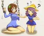  2girls ? blue_eyes blue_skirt boots bound bound_wrists bow breasts chargeman_ken! drill_hair grabbing grabbing_another&#039;s_breast hat hitomi_(chargeman_ken!) jewelry miniskirt multiple_girls nagisa-sensei necklace nikukyuu-man open_mouth pubic_hair purple_eyes short_hair simple_background skirt sweat white_bow yuri 