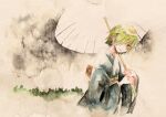  bow clover four-leaf_clover frown green_hair hair_over_one_eye highres holding holding_umbrella japanese_clothes kurage_nanami lala_(watashi_no_koko) official_art outdoors painting_(medium) rain red_bow red_eyes sad short_hair sky traditional_media umbrella vignetting watashi_no_koko watercolor_(medium) white_umbrella 