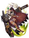  1girl absurdres bandaged_arm bandages cape clover dark-skinned_female dark_skin fingerless_gloves floating floating_object floating_sword floating_weapon four-leaf_clover full_body gloves guilty_gear guilty_gear_strive highres hungry_clicker looking_at_viewer orange_eyes ramlethal_valentine red_bandage short_shorts shorts simple_background solo sword thigh_strap weapon white_background white_shorts 