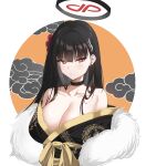  1girl alternate_costume black_choker black_hair black_kimono blue_archive breasts choejeongmin7 choker cleavage dragon_print hair_ornament hairpin halo highres japanese_clothes kimono large_breasts long_hair looking_at_viewer parted_lips red_eyes rio_(blue_archive) solo upper_body 