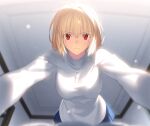 1girl arcueid_brunestud blonde_hair breasts dress game_cg indoors jewelry necklace official_art red_eyes short_hair solo takeuchi_takashi tsukihime tsukihime_(remake) turtleneck turtleneck_dress white_dress 