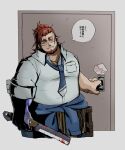  1boy bags_under_eyes bara blood blue_necktie boogeyman_(housamo) colored_skin crowcrow_syo facial_hair goatee highres holding holding_weapon long_sideburns mature_male muscular muscular_male mustache_stubble necktie purple_skin scar scar_on_face sideburns tokyo_afterschool_summoners weapon 
