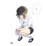  1girl absurdres aogiri_koukou baseball_cap black_footwear black_headwear black_shorts blue_eyes blush brown_hair censored clothes_writing collarbone hands_on_own_knees hat highres kkix25 kurikoma_komaru mosaic_censoring ponytail sandals shirt shorts solo thought_bubble translation_request virtual_youtuber white_shirt 