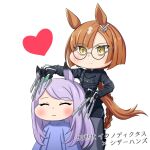  2girls animal_ears aonoji character_name closed_eyes copyright_name cosplay ear_ribbon edward_scissorhands edward_scissorhands_(character) edward_scissorhands_(character)_(cosplay) glasses green_ribbon highres horse_ears horse_girl ikuno_dictus_(umamusume) long_hair long_sleeves mejiro_mcqueen_(umamusume) multicolored_hair multiple_girls orange_hair purple_hair ribbon round_eyewear scissors streaked_hair swept_bangs umamusume yellow_eyes 