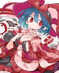  1girl black_headwear blue_hair bow breasts capelet frills hat hat_bow large_breasts long_sleeves looking_at_viewer massakasama nagae_iku pink_capelet red_bow red_eyes touhou upper_body 