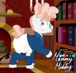 big_diaper blush book bookshelf brown_eyes clothed clothing diaper diaper_fetish earth_pony equid equine eyewear fireplace friendship_is_magic furniture glasses hair hasbro horse male mammal mommymidday multicolored_hair my_little_pony pant_down pink_hair pony solo suit svengallop_(mlp) two_tone_hair two_tone_tail wearing_diaper