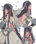  1girl bare_shoulders black_hair blunt_bangs blush bouquet breasts closed_mouth collarbone corpse_bride criis-chan dress flower frilled_dress frills grey_dress hair_flower hair_ornament holding holding_bouquet large_breasts long_hair multiple_views panty_&amp;_stocking_with_garterbelt pink_hair profile skull stocking_(psg) teeth twitter_username wedding_dress 