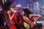  2girls absurdres aerith_gainsborough against_wall black_hair blender_(medium) blurry blurry_background bracelet brown_hair clothes_lift cunnilingus dress dress_lift drill_hair final_fantasy final_fantasy_vii final_fantasy_vii_remake flower grabbing_own_breast hair_flower hair_ornament hair_ribbon hand_on_another&#039;s_head highres jewelry leaning_back looking_at_another multiple_girls official_alternate_costume oral purple_dress pussy red_dress ribbon son_umbasa tifa_lockhart tifa_lockhart_(refined_dress) yuri 