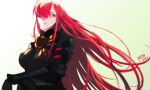  1girl black_bodysuit bodysuit expressionless family_crest fate/grand_order fate_(series) hair_over_one_eye highres long_hair looking_at_viewer medallion moedredd oda_nobunaga_(fate) oda_nobunaga_(maou_avenger)_(fate) oda_uri red_eyes red_hair simple_background solo tight_top upper_body very_long_hair 