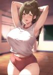  1girl armpits arms_up breasts brown_eyes brown_hair buruma chalkboard classroom gagarin_kichi gym_shirt gym_uniform idolmaster idolmaster_shiny_colors indoors kuwayama_chiyuki large_breasts legs_together midriff_peek navel one_eye_closed open_mouth red_buruma shirt sleeveless sleeveless_shirt smile solo sunset sweat thighs white_shirt window 