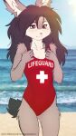 anthro beach clothing elronya fan_character female freckles hair hi_res lagomorph leporid lifeguard long_hair mammal rabbit ronya seaside short_tail solo suvi_(elronya) swimwear tail