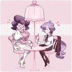  2girls \||/ anabel_(pokemon) big_hair black_footwear black_necktie black_pants blush blush_stickers breasts capelet chair closed_eyes collared_shirt cup dotted_background drink eyelashes facing_another from_side glasses gloves hair_ribbon hand_on_own_face heart highres holding holding_cup jacket large_breasts long_hair long_sleeves loveycloud multiple_girls necktie open_mouth outline pants pink-framed_eyewear pink_background pink_sweater pink_umbrella pokemon pokemon_sm purple_hair ribbed_sweater ribbon shirt shoes simple_background small_breasts smile sweater table turtleneck turtleneck_sweater umbrella unworn_jacket white_background white_footwear white_outline white_shirt wicke_(pokemon) 