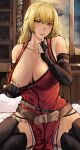  1girl absurdres black_gloves blonde_hair blush boots breasts cleavage commission commissioner_upload dress elbow_gloves finger_to_mouth fingerless_gloves fire_emblem fire_emblem:_the_binding_blade gloves highres igrene_(fire_emblem) large_breasts long_hair looking_at_viewer naokomama nipple_slip nipples red_dress shushing smile solo teasing thighhighs yellow_eyes 