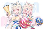  2girls :3 :d ;d animal_ear_fluff animal_ears bandaid bandaid_hair_ornament blonde_hair blue_eyes blue_hair breasts character_name cheerleader choker clothes_writing cropped_shirt dog_ears dog_girl fang fangs fuwawa_abyssgard hair_ornament hairpin halterneck highres holding holding_megaphone hololive hololive_english long_hair looking_at_viewer medium_breasts medium_hair megaphone minase_yuki mococo_abyssgard multicolored_hair multiple_girls one_eye_closed open_mouth pink_eyes pink_hair pom_pom_(cheerleading) siblings sidelocks sisters skin_fang skirt small_breasts smile streaked_hair twins two_side_up v virtual_youtuber white_choker white_skirt x_hair_ornament 