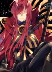  1girl black_bodysuit bodysuit cape chain collared_cape family_crest fate/grand_order fate_(series) hair_over_one_eye looking_at_viewer medallion oda_nobunaga_(fate) oda_nobunaga_(maou_avenger)_(fate) oda_uri popped_collar red_cape red_eyes red_hair sitting solo tight_top tokiwa_akane upper_body 