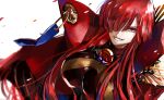  1girl absurdres black_bodysuit bodysuit cape chain collared_cape dutch_angle evil_smile family_crest fate/grand_order fate_(series) grin hair_over_one_eye highres kansya looking_up medallion oda_nobunaga_(fate) oda_nobunaga_(maou_avenger)_(fate) oda_uri popped_collar red_cape red_eyes red_hair simple_background smile solo tight_top white_background 