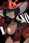  1girl black_hair breasts cleavage expressionless green-tinted_eyewear guilty_gear guilty_gear_strive hat highres hyakka_(momokashinryu14) i-no looking_at_viewer medium_hair midriff mole mole_above_mouth red_headwear red_lips short_sleeves solo tinted_eyewear venus_symbol witch_hat 