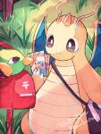  almond_eyes animal_focus artist_name bag beak bird black_eyes claws colored_skin commentary_request dragon dragon_wings dragonite grass green_skin hanabusaoekaki highres mailbox_(incoming_mail) natu no_humans pikachu pokemon pokemon_(creature) shoulder_bag translation_request wings 