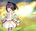  1girl armor armored_dress black_hair black_thighhighs blush brown_eyes commentary_request dot_nose dress fate/kaleid_liner_prisma_illya fate_(series) grass hair_ornament hairclip highres holding holding_sword holding_weapon leg_armor long_hair looking_at_viewer miyu_edelfelt morokoshi_(tekku) open_mouth outdoors puffy_sleeves solo standing strapless sword thighhighs weapon white_dress x_hair_ornament 