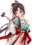 1girl :d absurdres artist_name black_eyes black_hair blush breasts chinese_clothes chinese_hairpin dipper facial_mark forehead_mark green_shirt hair_bun hair_ornament hands_up hanfu hecha_(01964237) highres holding holding_spoon jewelry jiu_niangzi layered_sleeves long_hair long_skirt long_sleeves looking_at_viewer necklace red_shawl reverse:1999 shawl shirt short_over_long_sleeves short_sleeves signature single_side_bun sketch skirt smile solo spill spoon tassel tassel_hair_ornament upper_body white_background white_sleeves yellow_skirt 