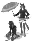  2girls 68er animal_ears beanie breasts breath buttons cat closed_mouth double-breasted ears_through_headwear greyscale hand_on_own_hip hat highres holding holding_umbrella horse_ears horse_girl horse_tail jacket kneeling korean_commentary long_hair long_sleeves looking_at_another medium_breasts mixed-language_commentary monochrome multiple_girls nakayama_festa_(umamusume) rain shadow shoes sirius_symboli_(umamusume) skirt standing tail thighhighs umamusume umbrella 