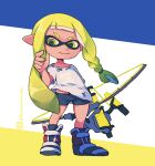  1girl black_footwear black_shorts blonde_hair blue_background boots braid eyebrow_cut full_body inkling inkling_girl kuromiya long_hair one-hour_drawing_challenge pointy_ears shirt short_eyebrows short_shorts short_sleeves shorts single_braid solo splatoon_(series) standing thick_eyebrows twitter_username two-tone_background v-shaped_eyebrows very_long_hair white_background white_shirt yellow_background 