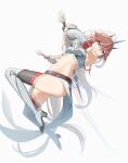  1girl absurdres allen.n arknights blue_eyes bra breasts brown_hair detached_sleeves dual_wielding fighting_stance frown highres holding holding_sword holding_weapon horns kirin_r_yato_(arknights) long_hair multicolored_hair navel official_alternate_costume pointy_ears simple_background small_breasts solo streaked_hair sword thighhighs underwear weapon white_background white_bra white_sleeves white_thighhighs yato_(arknights) 