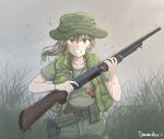  1girl ammunition_pouch artist_name boonie_hat brown_eyes brown_hair collarbone dog_tags grass green_headwear green_shirt green_vest gun handgun highres holster long_hair looking_at_viewer m1911 military military_uniform open_clothes open_mouth open_vest original outdoors pouch savankov shirt shirt_tucked_in short_sleeves shotgun shotgun_shell smile smoke_trail solo stevens_model_77 teeth uniform upper_body vest vietnam_war weapon 