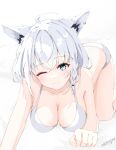  1girl ahoge animal_ears aqua_eyes bikini braid breasts cleavage fox_ears fox_girl highres hololive large_breasts long_hair looking_at_viewer one_eye_closed shirakami_fubuki single_braid sirogami_0614 solo swimsuit virtual_youtuber white_bikini white_hair 