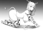  1girl absurdres animal_print antlers ass bell breasts bridal_gauntlets ceres_fauna choker cow_print cowbell earrings greyscale haruse_(kichiroharuse) highres hololive hololive_english jewelry large_breasts long_hair monochrome neck_bell nipples o-ring o-ring_choker shadow solo sweat thighhighs thighs tongue two-tone_gloves two-tone_thighhighs unworn_bikini_top virtual_youtuber 