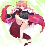  1girl :t animal_hands bare_legs barefoot black_cape black_panties black_shirt blush breasts cape cheek_rest claws closed_mouth commentary_request covered_nipples crossed_legs curled_horns dragon_claw dragon_girl dragon_horns dragon_tail feet full_body gradient_hair green_background hanata highres horns huge_breasts ilulu_(maidragon) kobayashi-san_chi_no_maidragon legs long_hair looking_at_viewer monster_girl multicolored_hair no_pants oppai_loli panties partial_commentary pink_hair purple_hair red_cape red_eyes shirt simple_background sitting soles solo tail toenails toes torn_cape torn_clothes twintails two-sided_cape two-sided_fabric underwear very_long_hair yellow_horns 